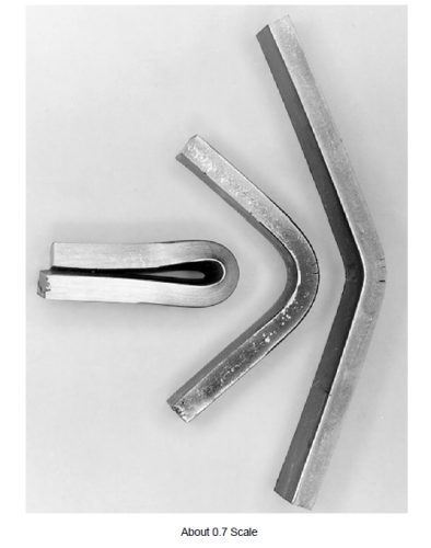 rolled_alloys_ra333_bending RA333 1/2 inch (12.7 mm) plate, formed with different edge preparations.
Left - Sheared edge ground. Bent 180° flat on itself, no cracks.
Middle - Shear burr removed. Bend 90° before cracking.
Right - As sheared, burr up. Cracked at 40° bend angle.